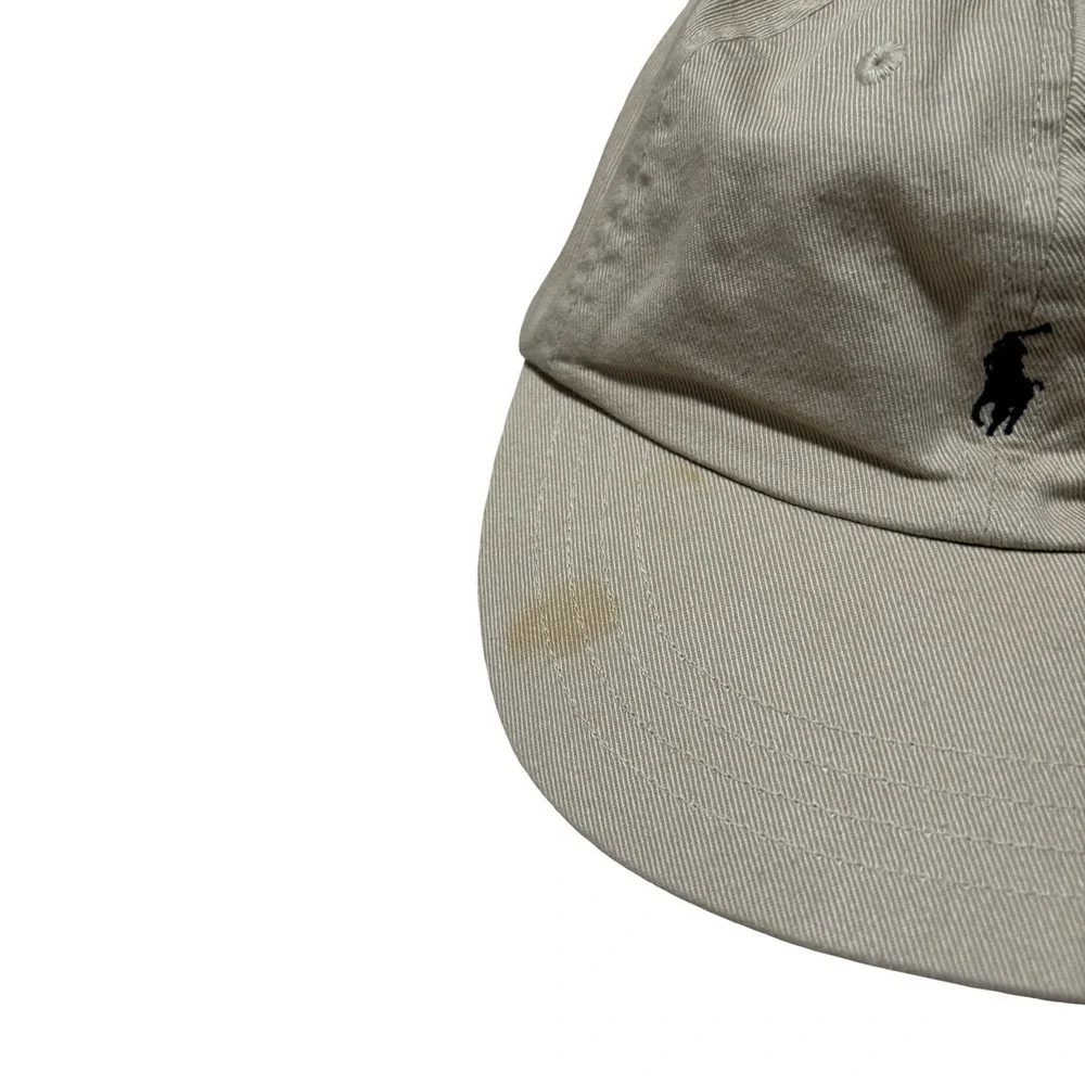 Polo Ralph Lauren Beige Navy Blue Pony Logo Cap Hat Kids Preppy *STAINED* OSFA